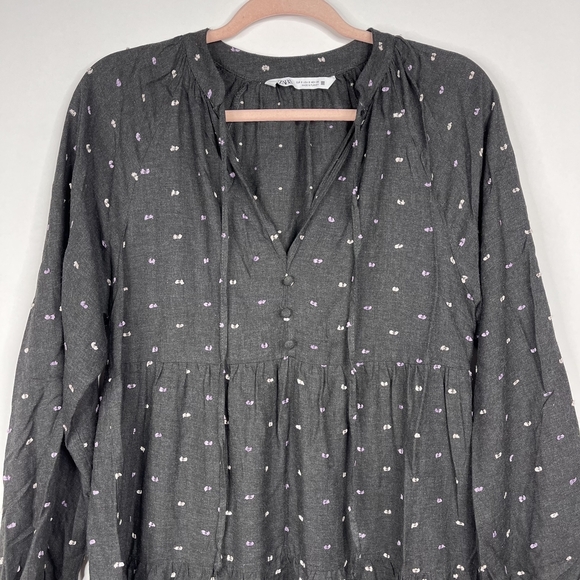 2/$30 ZARA Ditsy Embroidered Babydoll Popover Dress Small Gray Long Sleeve #7028 - Picture 8 of 16